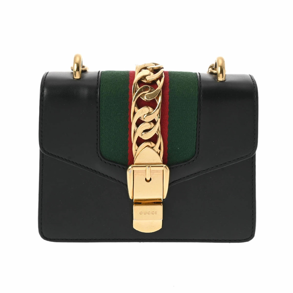 GUCCI Sylvie Chain Shoulder Bag Black Leather